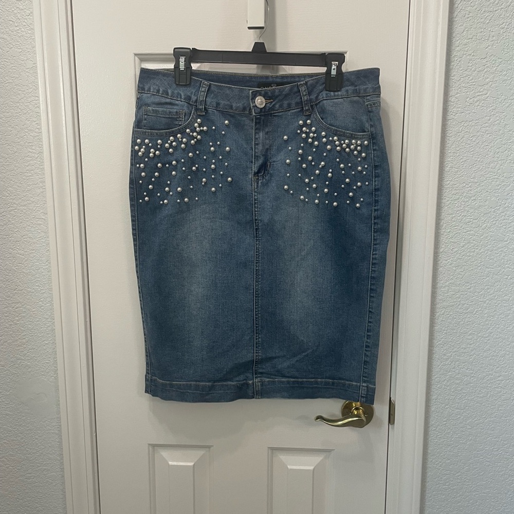 One 5 One Denim Pencil Skirt Embellished Knee-Length